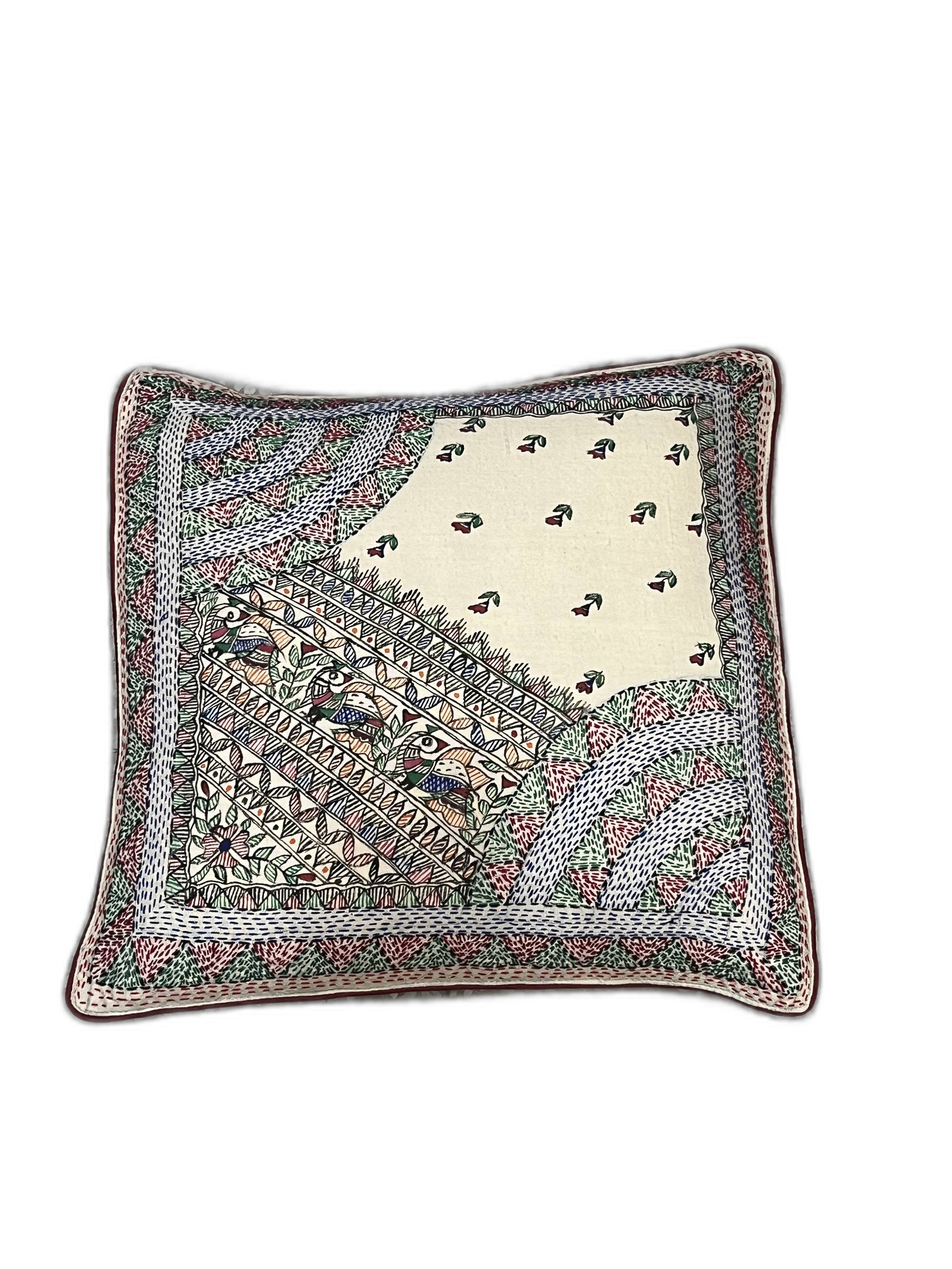 MADHUBANI AND SUJANI FLORA & FAUNA HAND-CRAFTED CUSHION COVER